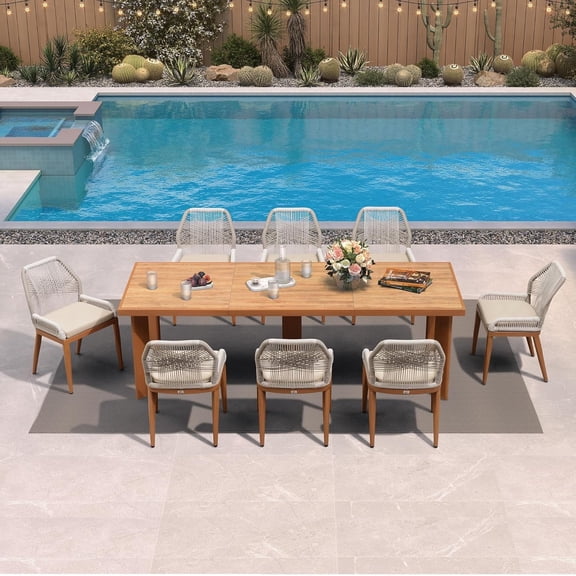 PURPLE LEAF OUTDOOR 9 Piece Modern Patio Dining Set, Rectangular Outdoor Table and Chairs with 8 PE Rattan Chairs for Garden, Backyard and Poolside, Deep Teak