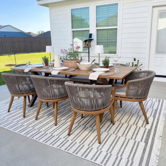 PURPLE LEAF OUTDOOR 9 Pieces Outdoor Dining Set All Weather Wicker Patio Dining Set with Rectangular Aluminum Table and Modern Armrest Dining Chairs for Garden Deck Backyard Kitchen, Teak