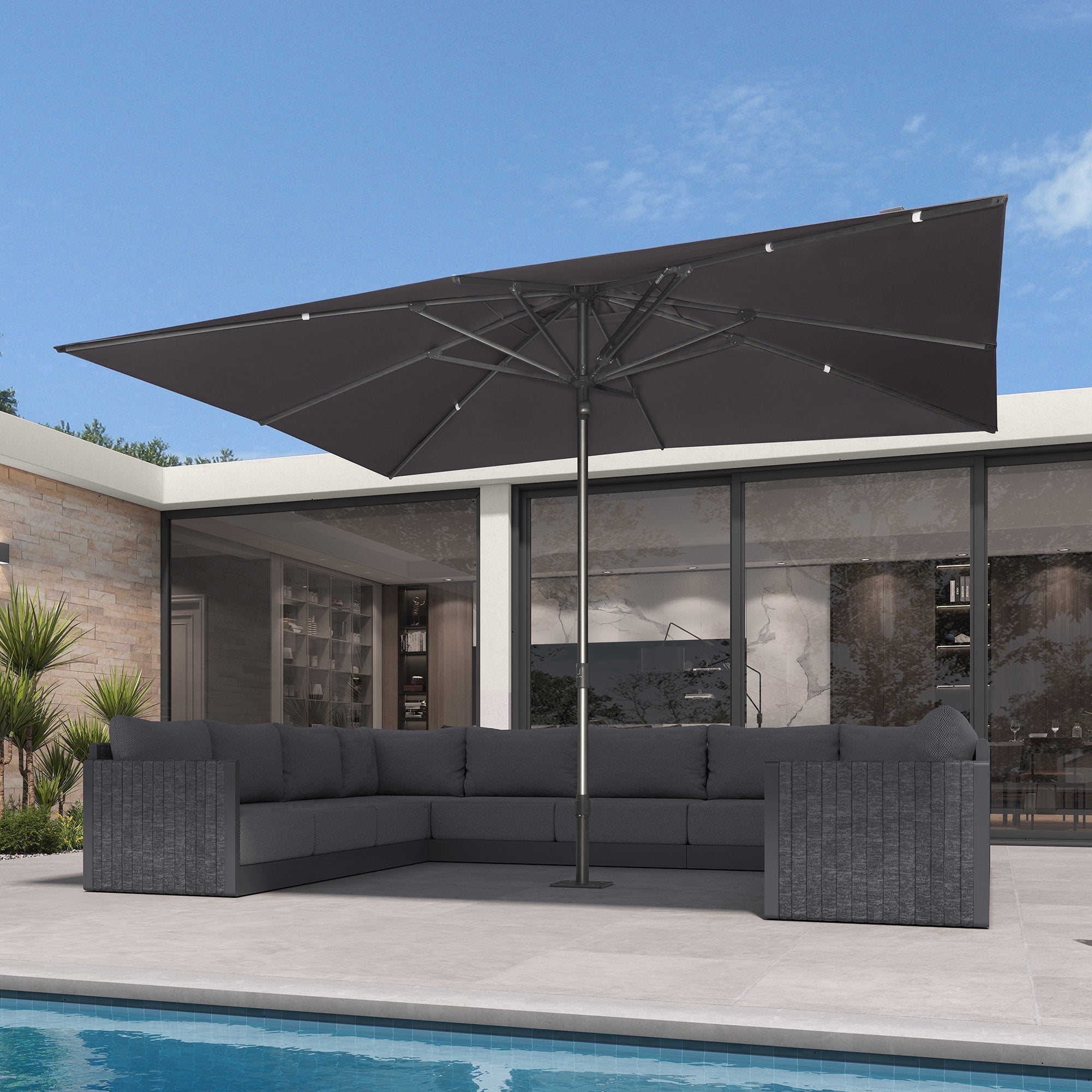 PURPLE LEAF OUTDOOR 9 X 12 FT Rectangle Patio Market Umbrella Semi Auto Heavy Duty 1.9" Aluminum Pole 8 Sturdy Ribs for Outdoor Dining Resort Cafes Deck Pool Garden Gray