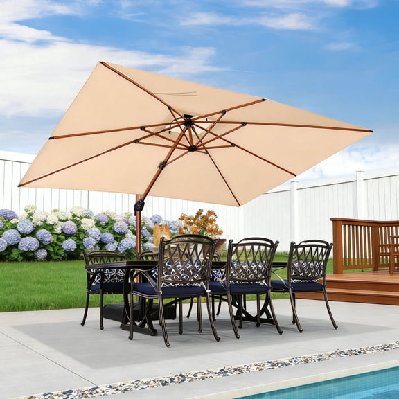 PURPLE LEAF OUTDOOR 9' x 12' Cantilever Umbrella with Base Outdoor Offset Umbrellas Windproof Wood Grain Large Patio Umbrella Rectangle Umbrella for Pool, Beige