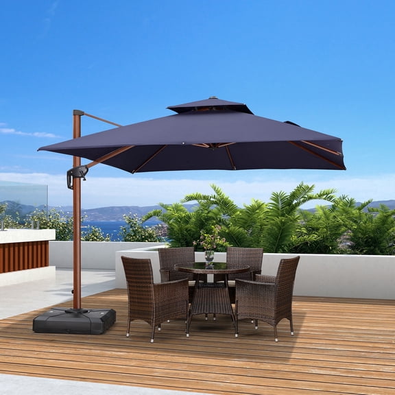 PURPLE LEAF OUTDOOR 9ft Square Umbrella with Base Outdoor Offset Umbrellas Windproof Wood Grain Large Patio Umbrella Cantilever Umbrella, Navy Blue