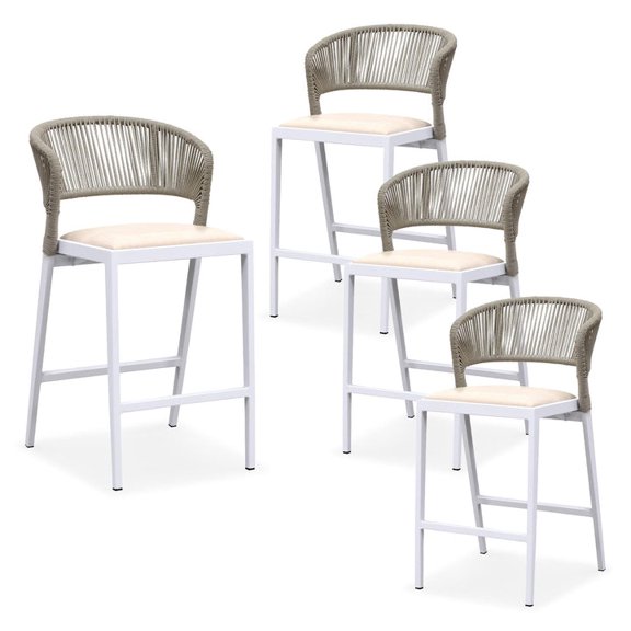 PURPLE LEAF OUTDOOR Counter Height Stool Set of 2 Modern Aluminum Rattan Wicker Outdoor Barstools with Backrest and Cushion for Kitchen Lawn Pool Bar Chairs, White