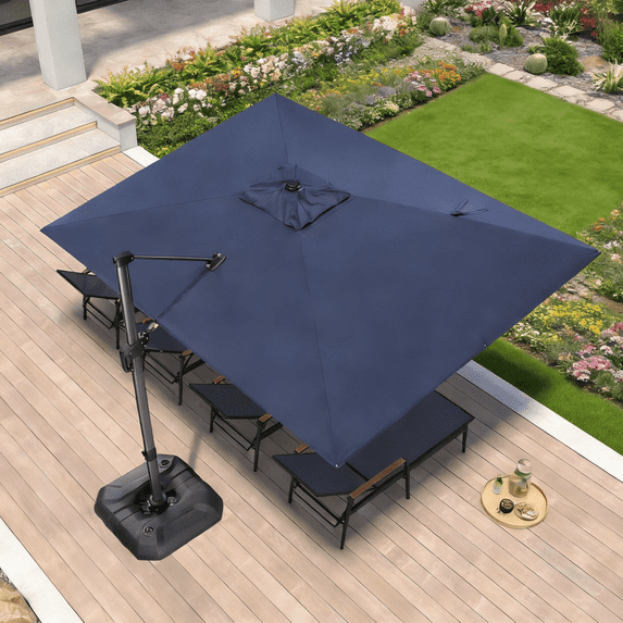 PURPLE LEAF OUTDOOR Extra Large Cantilever Umbrella with Base - 9x11.5ft Rectangle Patio Umbrella, 360° Rotating Waterproof Ocean Blue Offset Umbrella for Pool Deck Garden, Heavy Duty Aluminum Frame