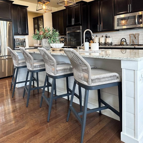 PURPLE LEAF OUTDOOR OUTDOOR Counter Height Outdoor Bar Stools Set of 4, Rattan Woven Aluminum Boho Style with Back and Cushion, All-Weather, for Garden, Kitchen Island, Patio