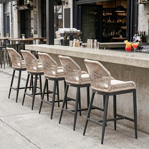 PURPLE LEAF OUTDOOR OUTDOOR Counter Height Outdoor Bar Stools Set of 4, Rattan Woven Aluminum Boho Style with Back and Cushion, All-Weather, for Garden, Kitchen Island, Patio