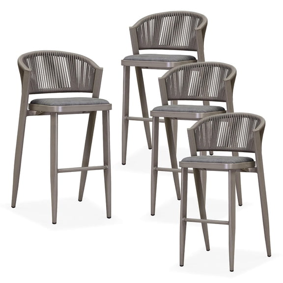 PURPLE LEAF OUTDOOR Outdoor Bar Stool Set of 2, Wood-Grain Aluminum Rattan Wicker Bar Chairs with Backrest and Cushion, All-Weather for Kitchen, Patio, Pool