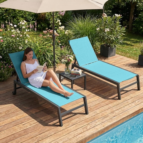 PURPLE LEAF OUTDOOR Oversized Patio Lounge Chair Set of 2 with Side Table Extra Wide Adjustable Sun Lounger with Wheels Quick-Dry Textilene for Pool Beach Garden Turquoise Blue