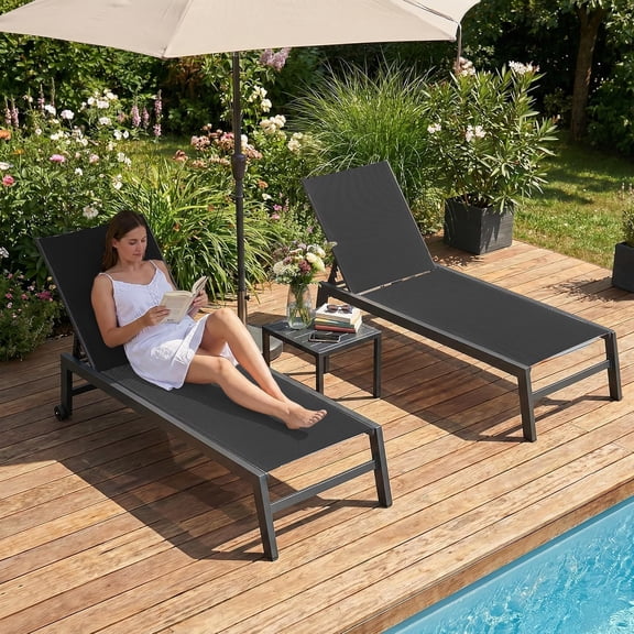 PURPLE LEAF OUTDOOR Oversized Patio Lounge Chairs Set of 2 with Side Table Extra Wide Aluminum Adjustable Reclining Chaise Lounge with Wheels Heavy Duty Textilene for Poolside Backyard Beach Grey