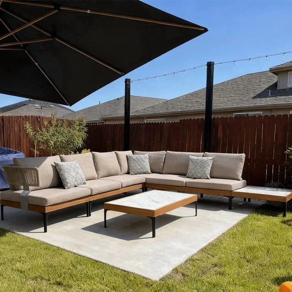 PURPLE LEAF OUTDOOR Patio Sectional Outdoor Sectional Sofa with Coffee Table Cushions and Pillows Wicker L-Shaped 5 Pieces Aluminum Convertible Daybed for Yard Garden Poolside, Oatmeal Greige