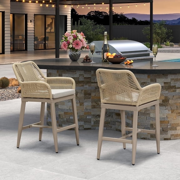 PURPLE LEAF Outdoor 24" Counter Height Bar Stools Chair Set of 2, Indoor and Outdoor, Kitchen Island Patio Bar Stool with Cushion, Champagne