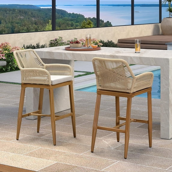 PURPLE LEAF Outdoor 29" Bar Stools Set of 2, Outdoor and Indoor, Garden, Patio Bar Height Chair with Cushion, Teak