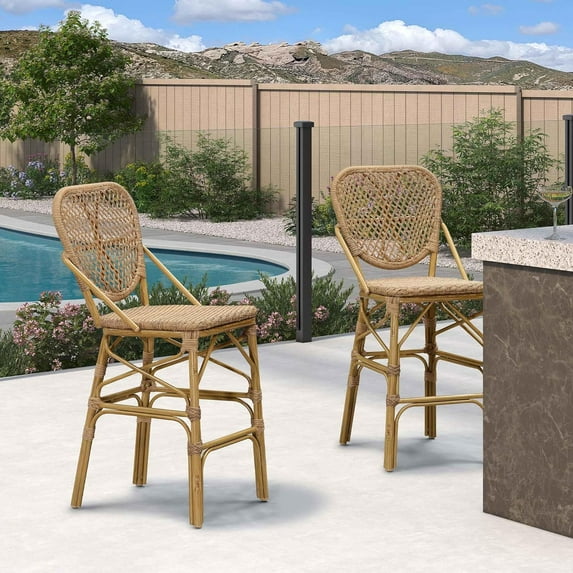 PURPLE LEAF Outdoor Bar Chairs,French Counter Height Bar Stools Set of 2 Patio Rattan Aluminum Bamboo Pattern Finish Barstools with Back for Pool Garden Kitchen Island, Brown