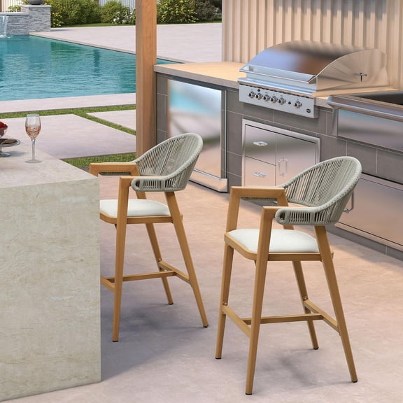 PURPLE LEAF Outdoor Bar Height Bar Stool Set of 2 Rattan Bar Chair with Back Aluminum Modern Barstools for Patio Backyard Indoor Kitchen Teak