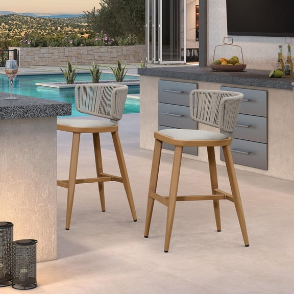 PURPLE LEAF Outdoor Bar Height Stool Set of 2 Modern Rattan Bar Chairs with Woven Rope Back Aluminum Wicker Patio Barstools for Indoor Kitchen Garden Teak