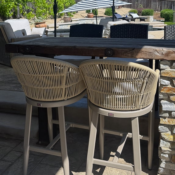 PURPLE LEAF Outdoor Bar Height Stools Set of 2, Patio Woven Aluminum Barstools Bar Chairs with Back and Cushions for Balcony Garden Indoor Kitchen Outside,Champagne