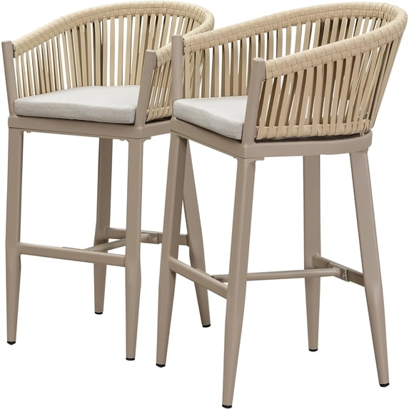 PURPLE LEAF Outdoor Bar Height Stools Set of 2, Patio Woven Aluminum Barstools Bar Chairs with Back and Cushions for Balcony Garden Indoor Kitchen Outside,Champagne