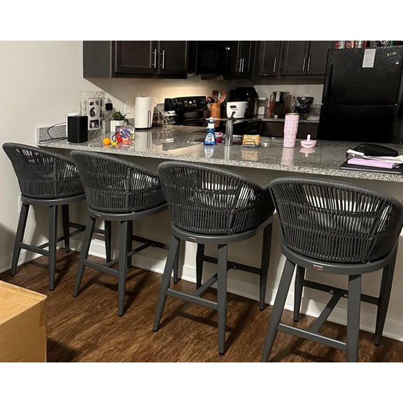 PURPLE LEAF Outdoor Bar Height Stools Set of 2, Patio Woven Aluminum Barstools Bar Chairs with Back and Cushions for Balcony Garden Indoor Kitchen Outside, Gray