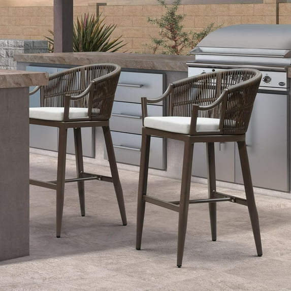 PURPLE LEAF Outdoor Bar Stools Set of 2 Patio Wicker Modern High Bar Chairs Metal Cushioned Barstools with Backs and Ergonomic Armrest for Balcony Garden Indoor Kitchen Island, Coffee