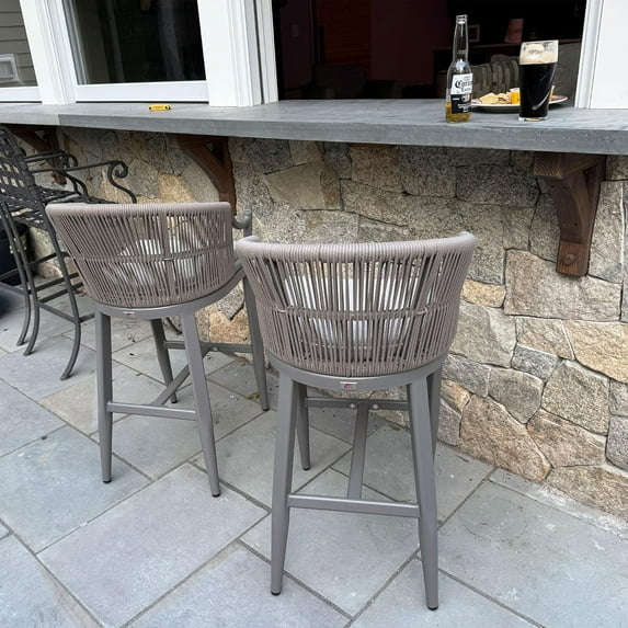 PURPLE LEAF Outdoor Bar Stools Set of 2 Patio Wicker Modern High Bar Chairs Metal Cushioned Barstools with Backs and Ergonomic Armrest for Balcony Garden Indoor Kitchen Island, Light Gray