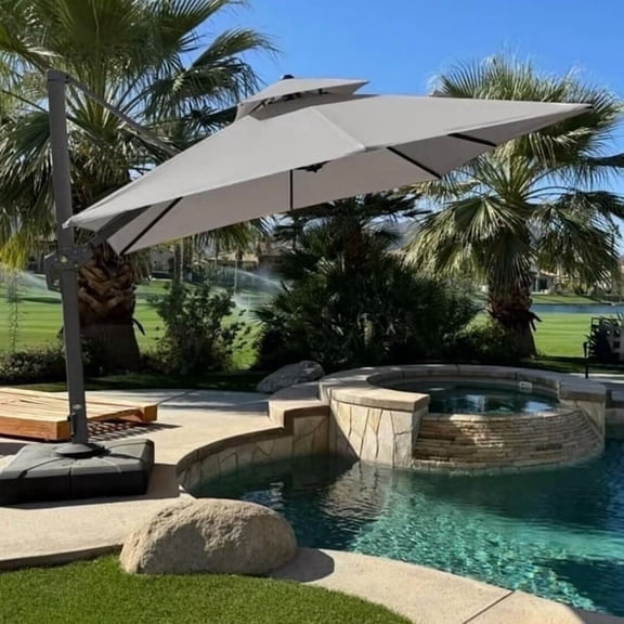 PURPLE LEAF Outdoor Cantilever Umbrella 10FT Square Umbrella Large Patio Umbrella Windproof Heavy Duty Hanging Offset Umbrella for Garden Outdoor Pool, Light Grey