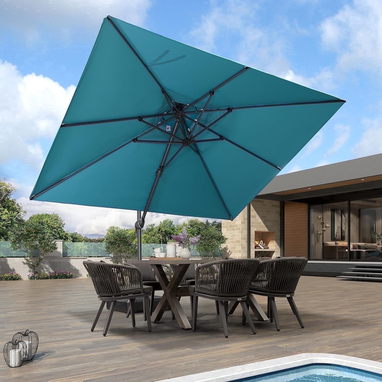 PURPLE LEAF Outdoor Cantilever Umbrellas 10FT Square Large Patio Umbrella Offset Umbrella with 360°Rotation Tilting And Hanging Double Top, Turquiose Blue