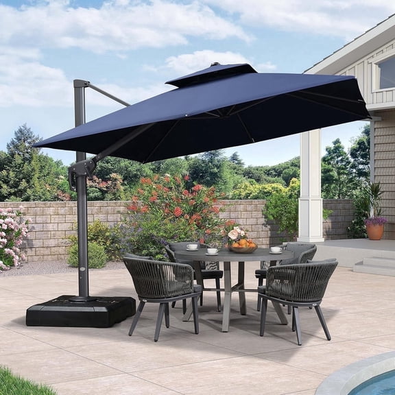 PURPLE LEAF Outdoor Cantilever Umbrellas 10FT Square Large Patio Umbrella Offset Umbrella with 360°Rotation Tilting And Hanging Double Top, Navy Blue