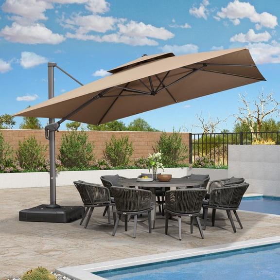PURPLE LEAF Outdoor Cantilever Umbrellas 12FT Square Large Patio Umbrella Offset Umbrella with 360°Rotation Tilting And Hanging Double Top, Taupe