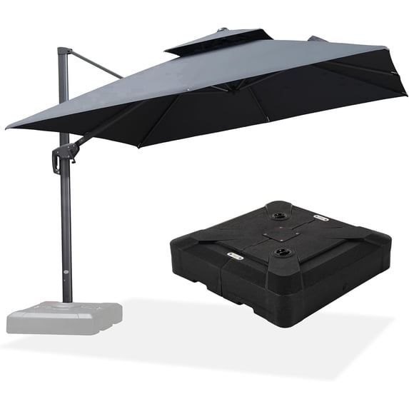 PURPLE LEAF Outdoor Cantilever Umbrellas with Base Square Large Patio Umbrella Offset Umbrella with 360°Rotation Tilting And Hanging Double Top, 10FT,Grey