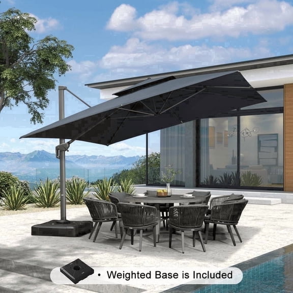 PURPLE LEAF Outdoor Cantilever Umbrellas with Base Square Large Patio Umbrella Offset Umbrella with 360°Rotation Tilting And Hanging Double Top, 12FT, Grey