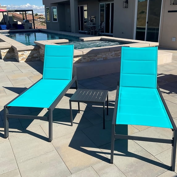 PURPLE LEAF Outdoor Chaise Lounge 3 Pieces Aluminum Patio Lounge Chair with Side Table and Wheels All Weather Outdoor Reclining Chair for Patio Pool Beach Sunbathing Chair, Turquoise Blue