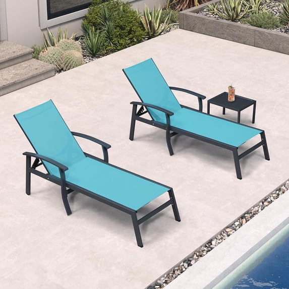 PURPLE LEAF Outdoor Chaise Lounge Chair 2 Pieces Pool Lounge Chairs 5 Adjustable Position with Armrests and Side Table Aluminum Patio Lounge Chair for Outside Backyard Beach Pool, Turquoise Blue