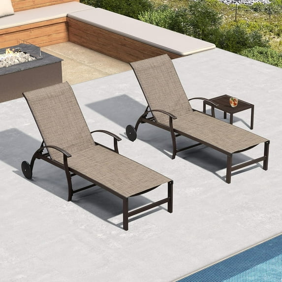 PURPLE LEAF Outdoor Chaise Lounge Chair Set of 3 with Side Table and Wheels Adjustable Aluminum Chairs Light Khaki for Outside Yard Patio Pool Garden Beach