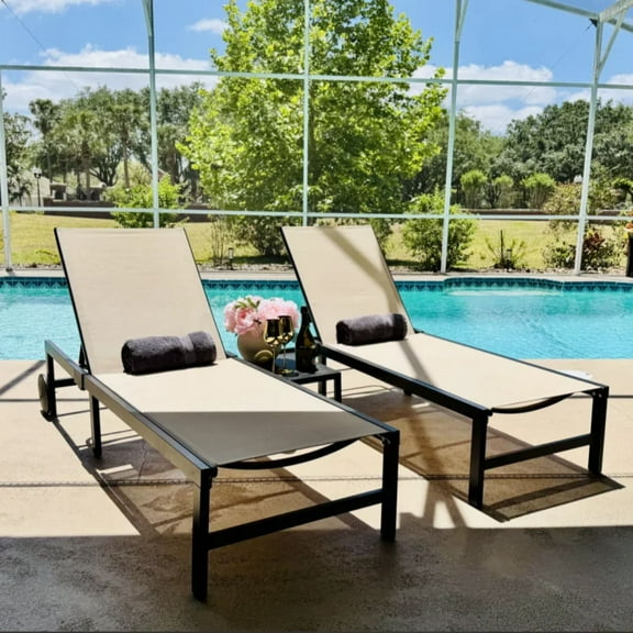 PURPLE LEAF Outdoor Chaise Lounge Chairs Set Aluminum Adjustable Recliner with Wheels and Table for Poolside Beach Patio Reclining Sunbathing Lounger, Beige