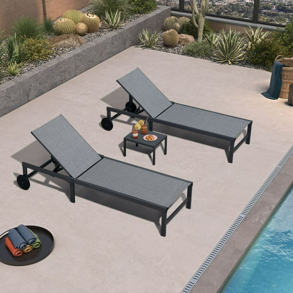PURPLE LEAF Outdoor Chaise Lounge Chairs Set Aluminum Adjustable Recliner with Wheels and Table for Poolside Beach Patio Reclining Sunbathing Lounger, Grey