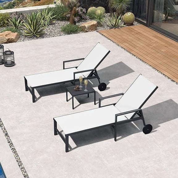 PURPLE LEAF Outdoor Chaise Lounge Chairs Set of 3, Dark Grey Aluminum Adjustable Lounge with Wheels, Armrest & Table for Pool，Patio，Deck，Linen