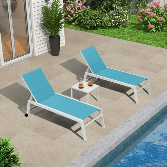 PURPLE LEAF Outdoor Chaise Lounge Set Adjustable Sunbathing Recliner with Side Table for Poolside Beach Outside Patio Aluminum Chaise Lounger Turquoise Blue