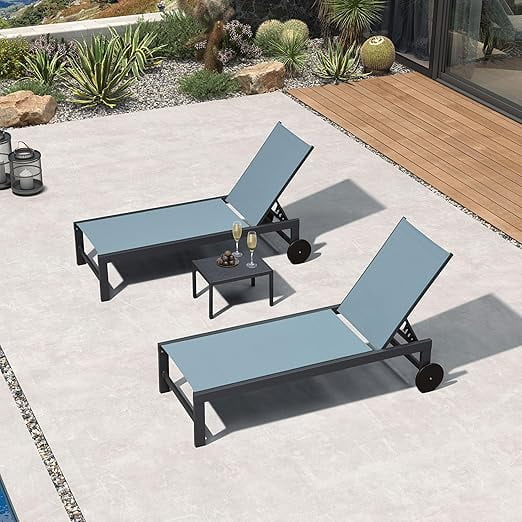 PURPLE LEAF Outdoor Chaise Lounge Set of 3, Dark Grey Aluminum Lounge Adjustable Chairs with Wheels and Table for Patio Deck Pool Yard,Teal