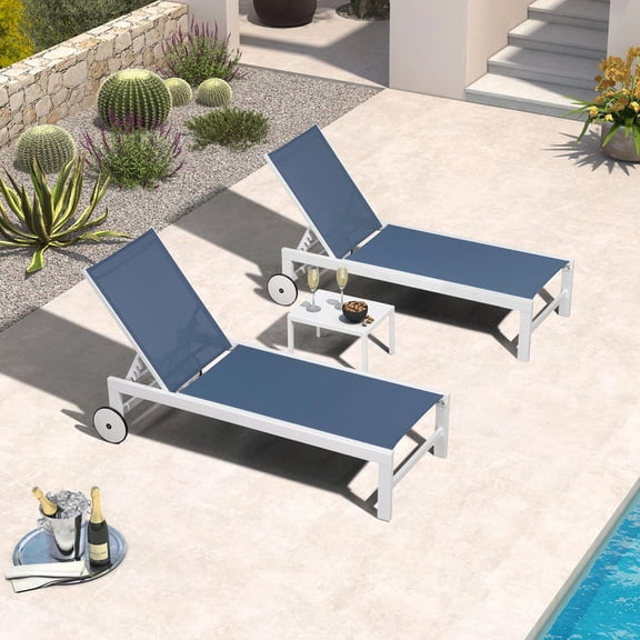 PURPLE LEAF Outdoor Chaise Lounge Set of 3, White Aluminum Adjustable lounge Chairs with Wheels & Table for Pool,Patio,Deck,Linen