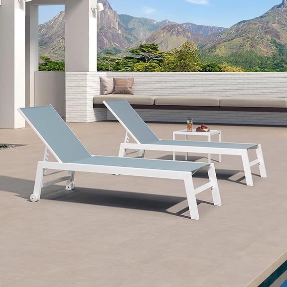 PURPLE LEAF Outdoor Chaise Lounge Set of 3, White Aluminum Lounge Adjustable Chairs with Wheels and Table for Patio Deck Pool Yard,Steel Blue