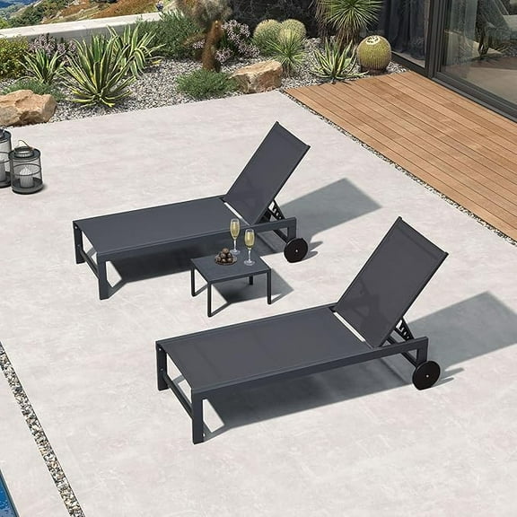 PURPLE LEAF Outdoor Chaise Lounge Set of 3, Dark Grey Aluminum Lounge Adjustable Chairs with Wheels and Table for Patio Deck Pool Yard,Dark Grey