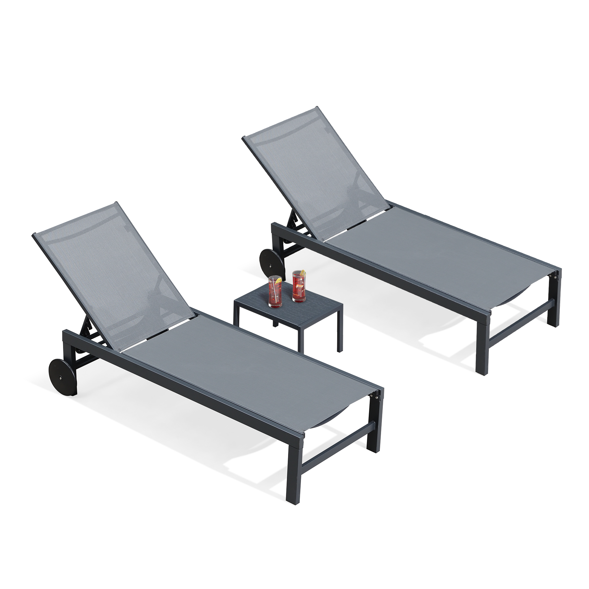 PURPLE LEAF Outdoor Chaise Lounge with Wheels for Outside 2 Pieces Aluminum Patio Lounge Chair with 5 Adjustable Position for Outdoor, Beach, Yard, Pool, Side Table Included, Grey