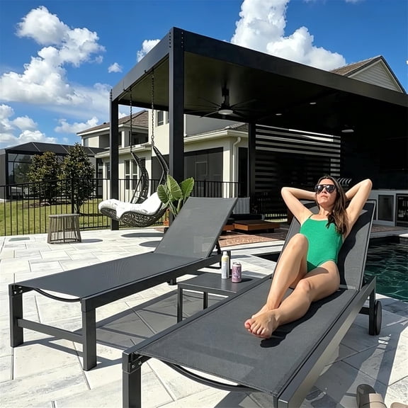 PURPLE LEAF Outdoor Chaise Lounge with Wheels for Outside 2 Pieces Aluminum Patio Lounge Chair with 5 Adjustable Position for Outdoor, Beach, Yard, Pool, Side Table Included, Grey