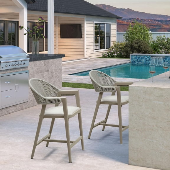 PURPLE LEAF Outdoor Counter Height Bar Stool Set of 2 Rattan Bar Chair with Back Aluminum Modern Barstools for Patio Backyard Indoor Kitchen Champagne