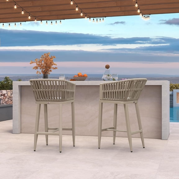 PURPLE LEAF Outdoor Counter Height Bar Stools Set of 2 for Overweight Wicker Rattan Patio Barstools Woven Modern Bar Chairs with Backrest and Cushions for Garden Outside Champagne