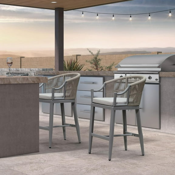 PURPLE LEAF Outdoor Counter Height Bar Stools Set of 2 Patio Wicker Modern High Bar Chairs Metal Barstools with Backs and Ergonomic Armrest for Balcony Garden Indoor Kitchen Island, Light Gray