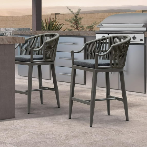 PURPLE LEAF Outdoor Counter Height Bar Stools Set of 2 Patio Wicker Modern High Bar Chairs Metal Barstools with Backs and Ergonomic Armrest for Balcony Garden Indoor Kitchen Island, Smoke Grey