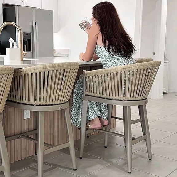 PURPLE LEAF Outdoor Counter Height Bar Stools Set of 2, Patio Woven Aluminum Barstools Bar Chairs with Back and Cushions for Balcony Garden Indoor Kitchen Outside,Champagne