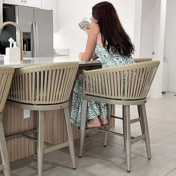 PURPLE LEAF Outdoor Counter Height Bar Stools Set of 2, Patio Woven Aluminum Barstools Bar Chairs with Back and Cushions for Balcony Garden Indoor Kitchen Outside,Champagne