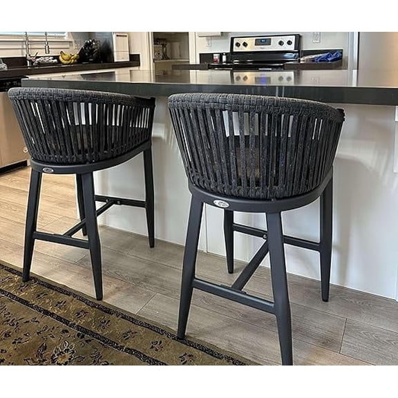 PURPLE LEAF Outdoor Counter Height Bar Stools Set of 2, Patio Woven Aluminum Barstools Bar Chairs with Back and Cushions for Balcony Garden Indoor Kitchen Outside, Gray