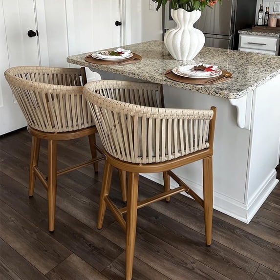 PURPLE LEAF Outdoor Counter Height Bar Stools Set of 2, Patio Woven Aluminum Barstools Bar Chairs with Back and Cushions for Balcony Garden Indoor Kitchen Outside, Teak